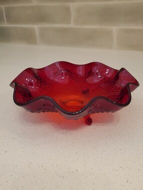 Fenton 7 inch Round Ruby 3 Toed Crimped Bowl Glows